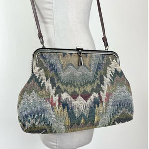Vintage 90s Abstract Zig Zag Green Colorful Tapestry Crossbody Purse